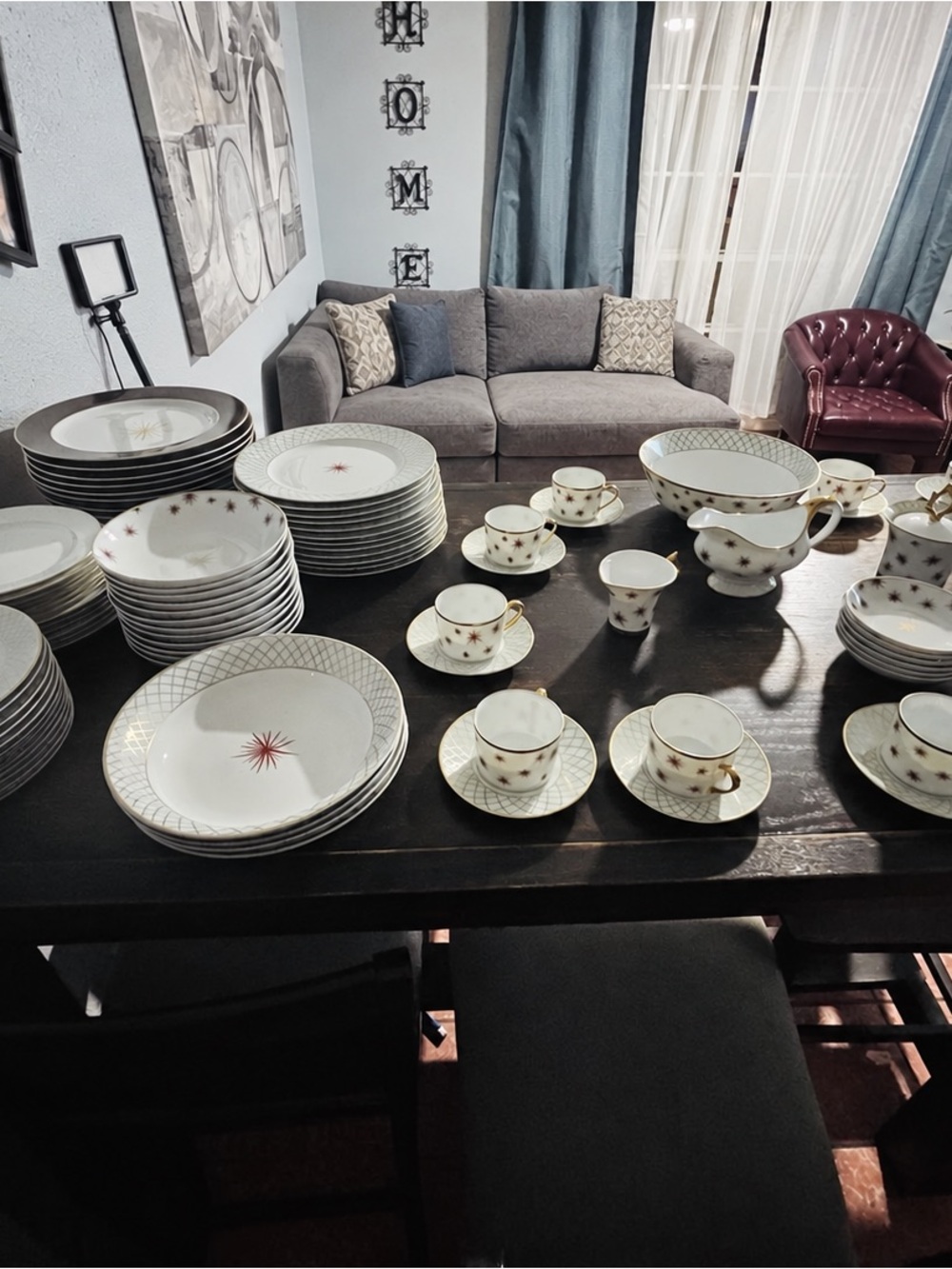 Bernardaud White Porcelain Dinnerware with Gold and Red Starburst Accents